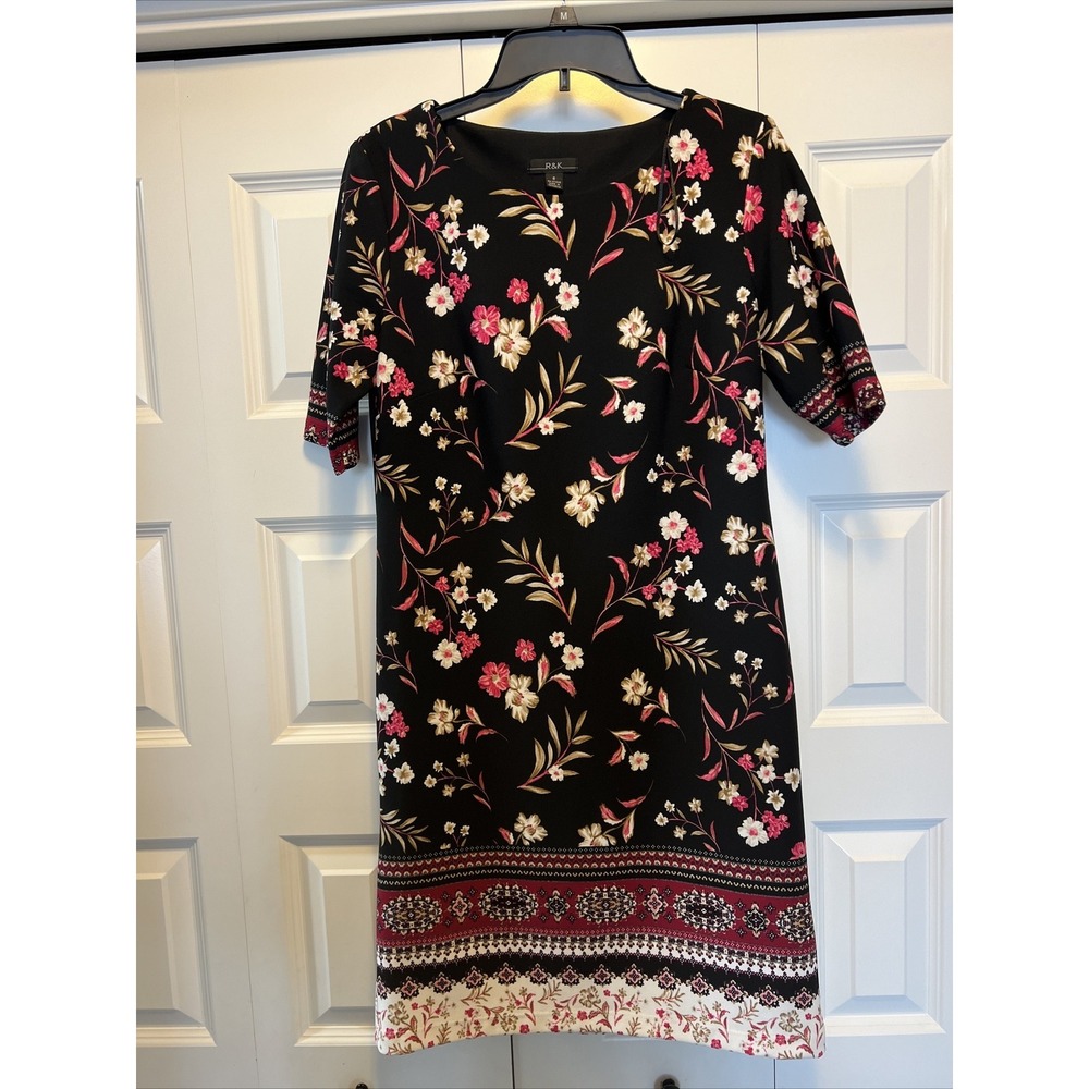 R&K Original Shift dress Short sleeve floral Black and Pink Size 6 Womens (f1)